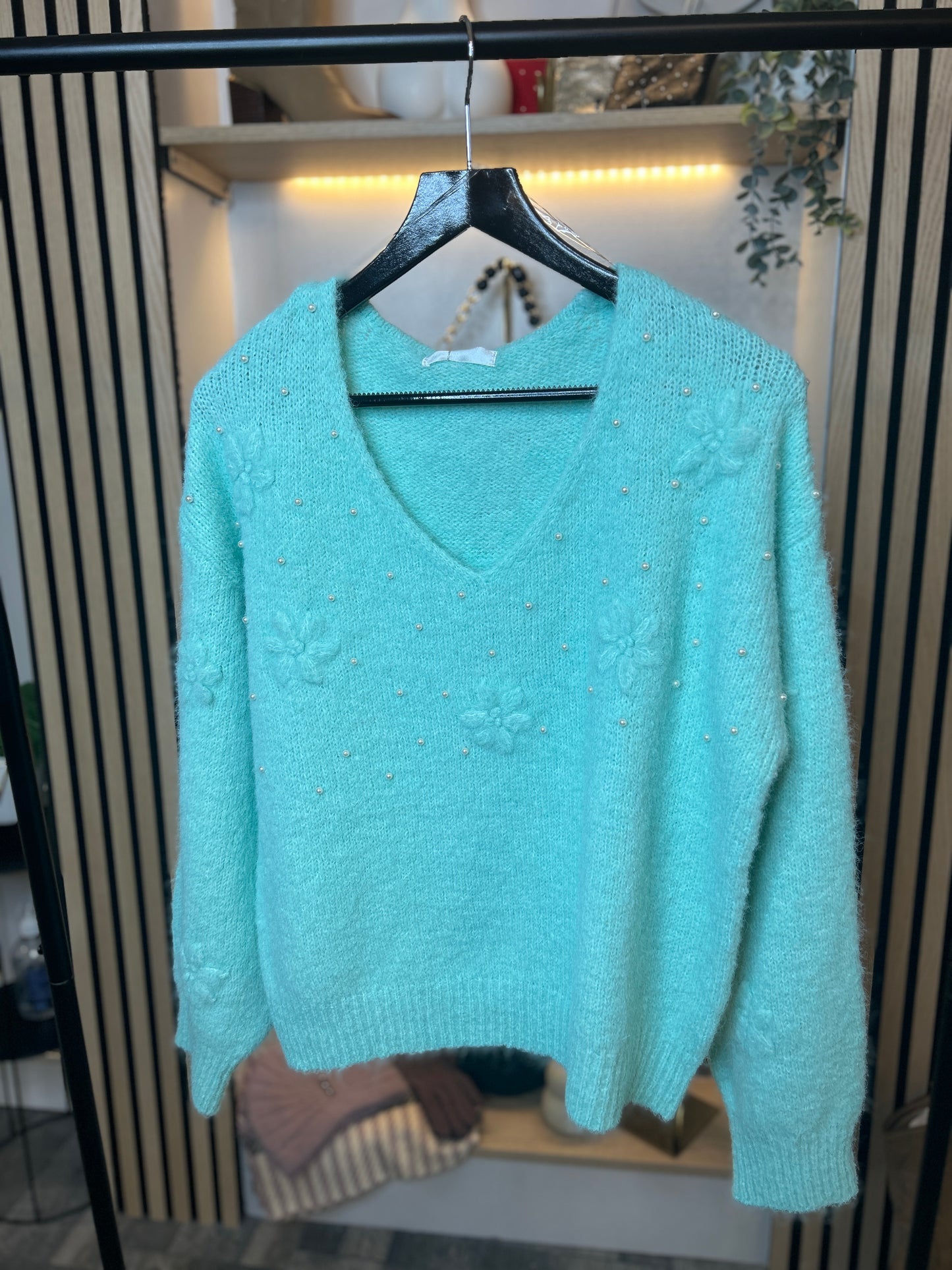 V Neck floral and pearl jumper