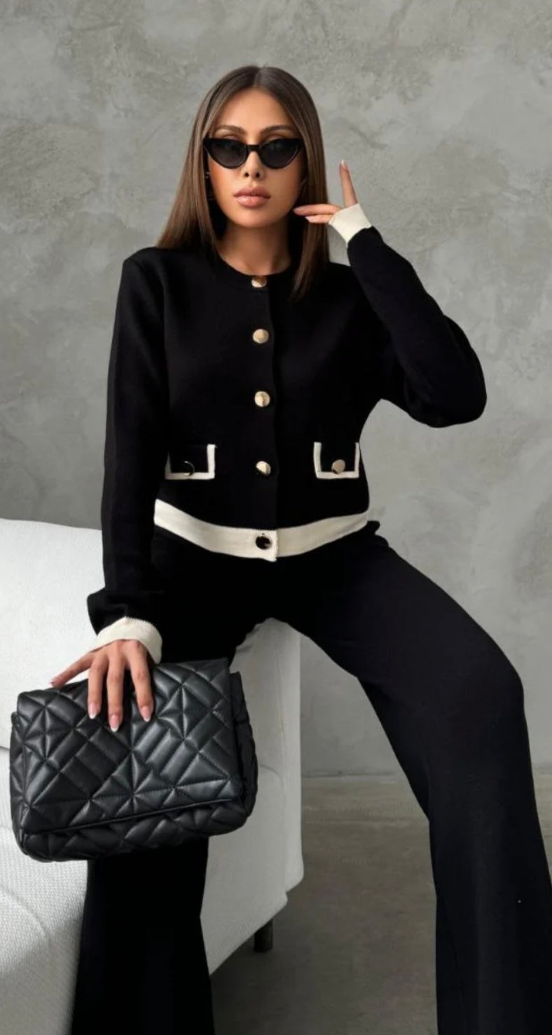 KNITTED CO ORD SET WITH JACKET AND WIDE LEG TROUSERS IN BLACK